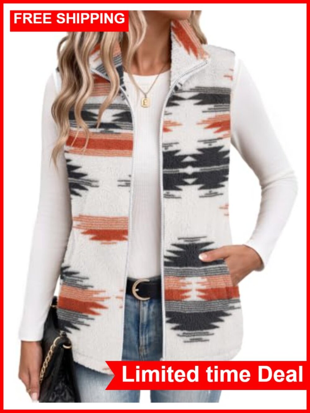 Sleeveless Sherpa Fleece Vest Zip Up Quilted Stand Collar Lightweight Layering